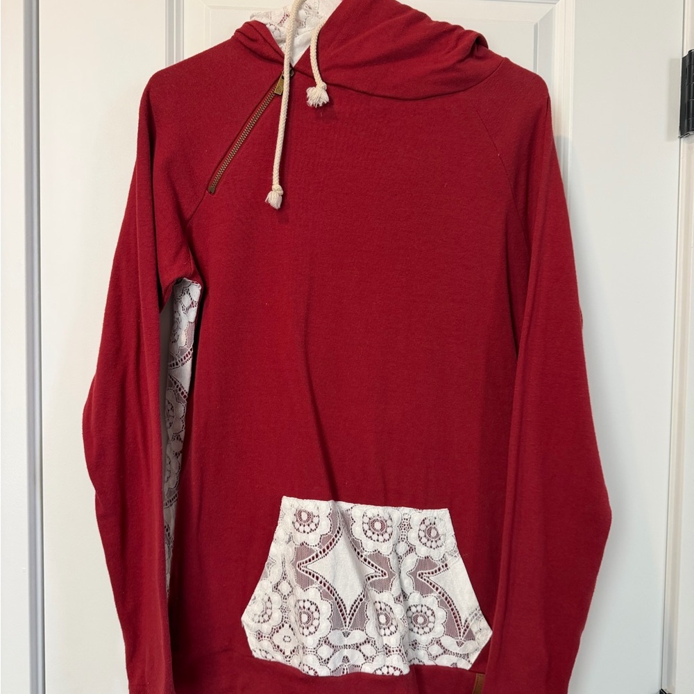 AMPERSAND AVE Red Hoodie with Lace Detail